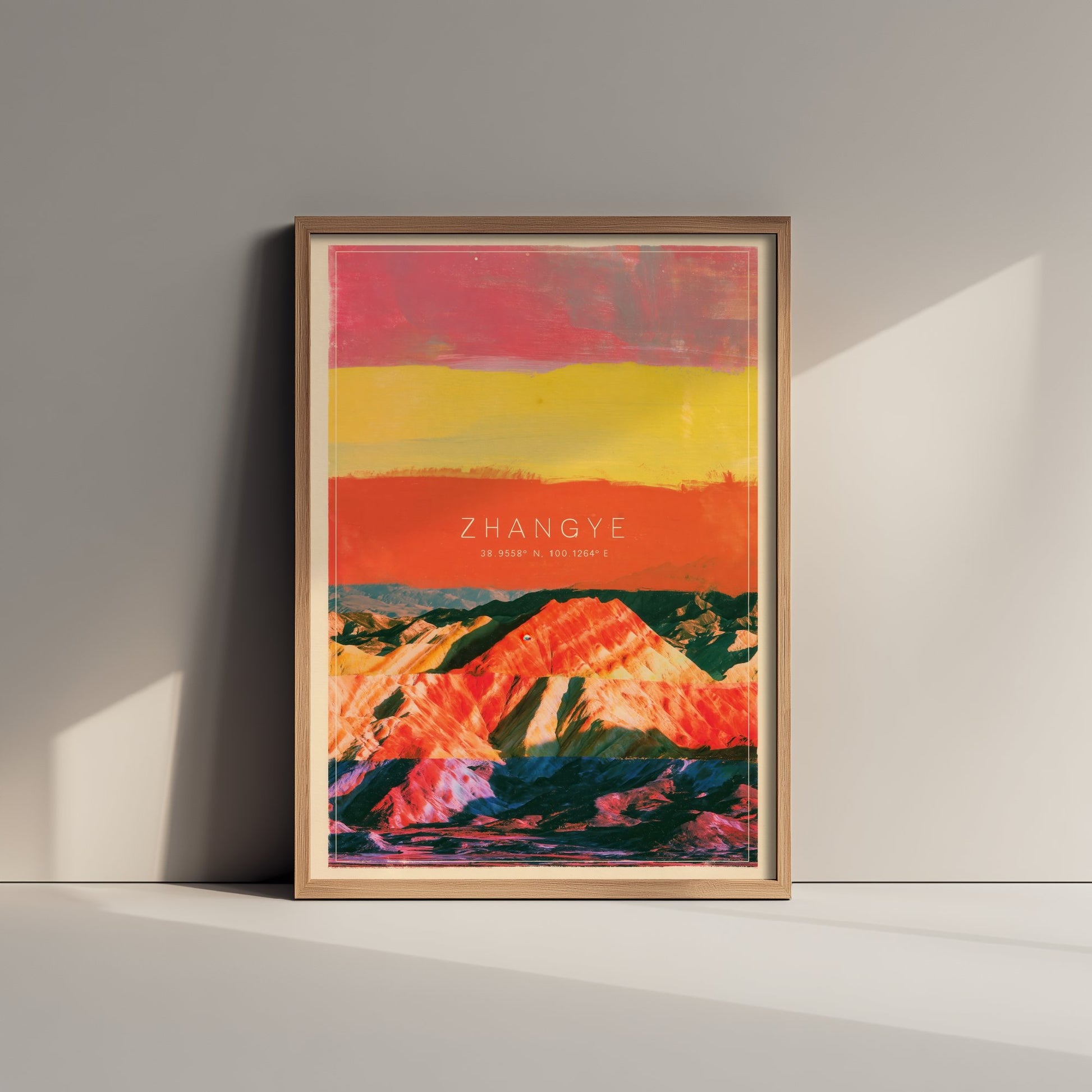 Zhangye Danxia Art Print - China Rainbow Mountains Illustration - Layered Strata Travel Poster with Coordinates 3/3