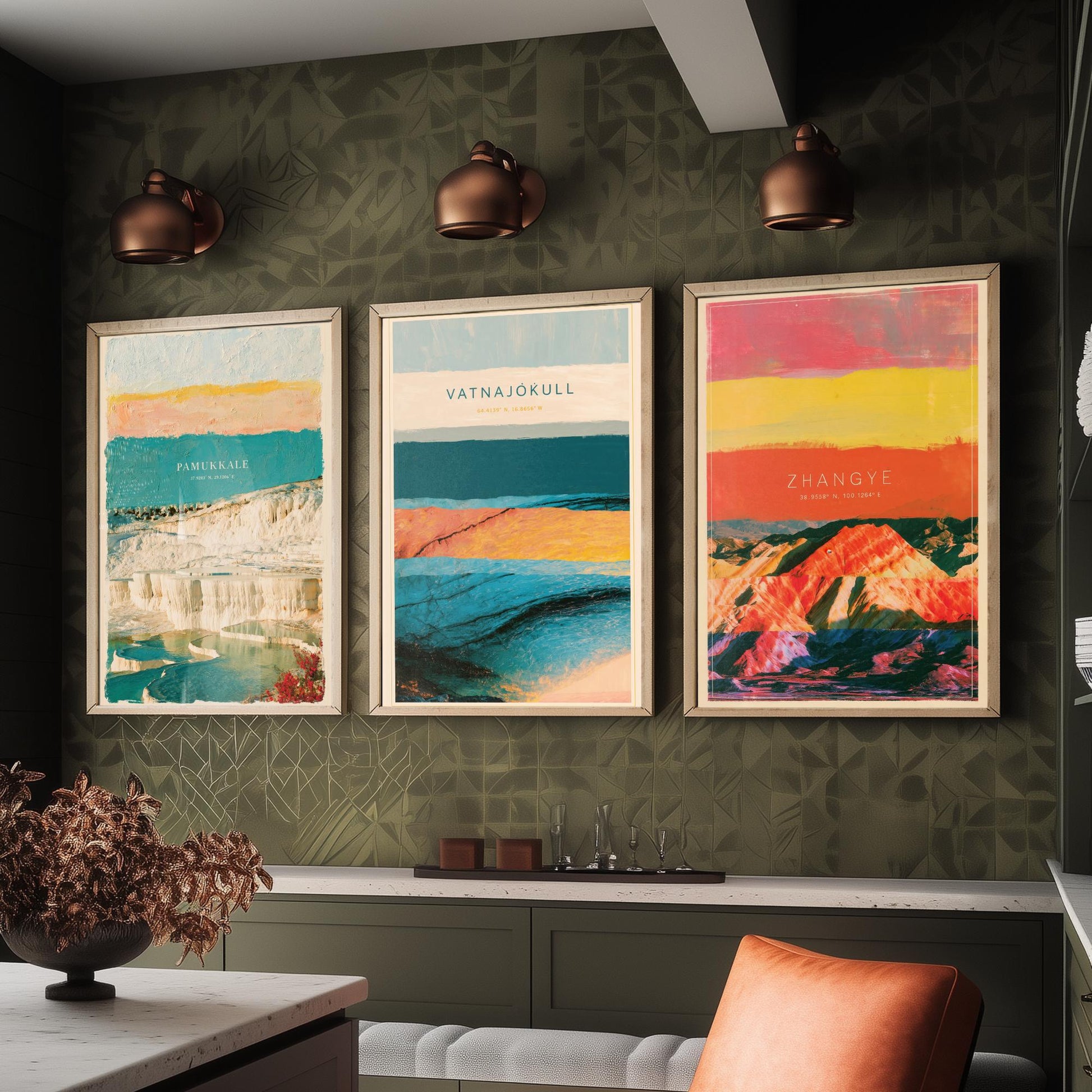 Strata Core Set of Three Art Prints - Pamukkale, Vatnajokull, Zhangye - Abstract Landscape Layer Posters - Painting Collage Style
