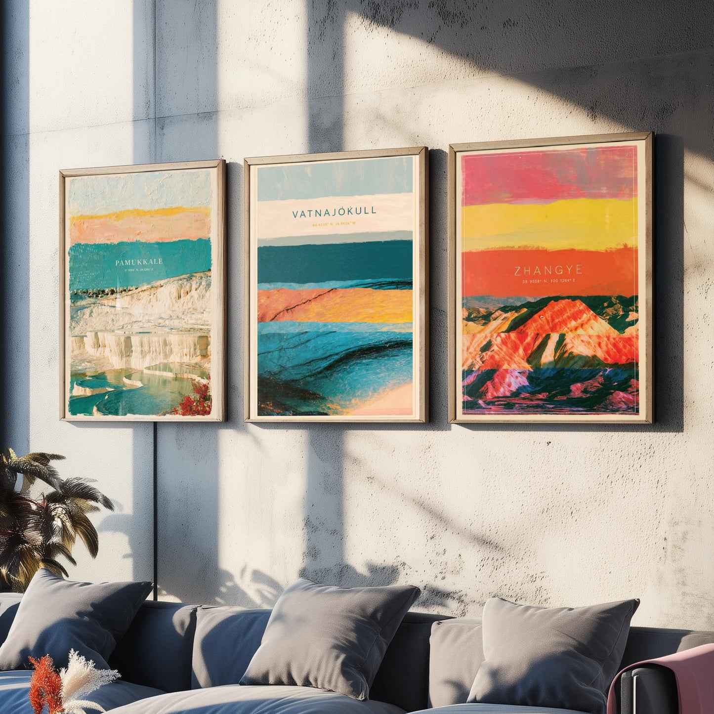 Strata Core Set of Three Art Prints - Pamukkale, Vatnajokull, Zhangye - Abstract Landscape Layer Posters - Painting Collage Style