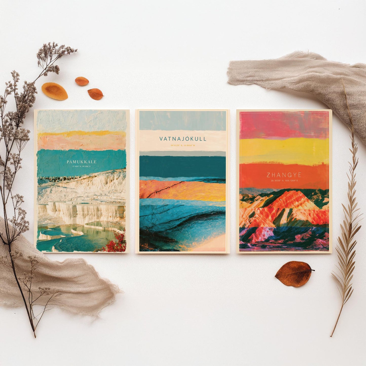 Strata Core Set of Three Art Prints - Pamukkale, Vatnajokull, Zhangye - Abstract Landscape Layer Posters - Painting Collage Style