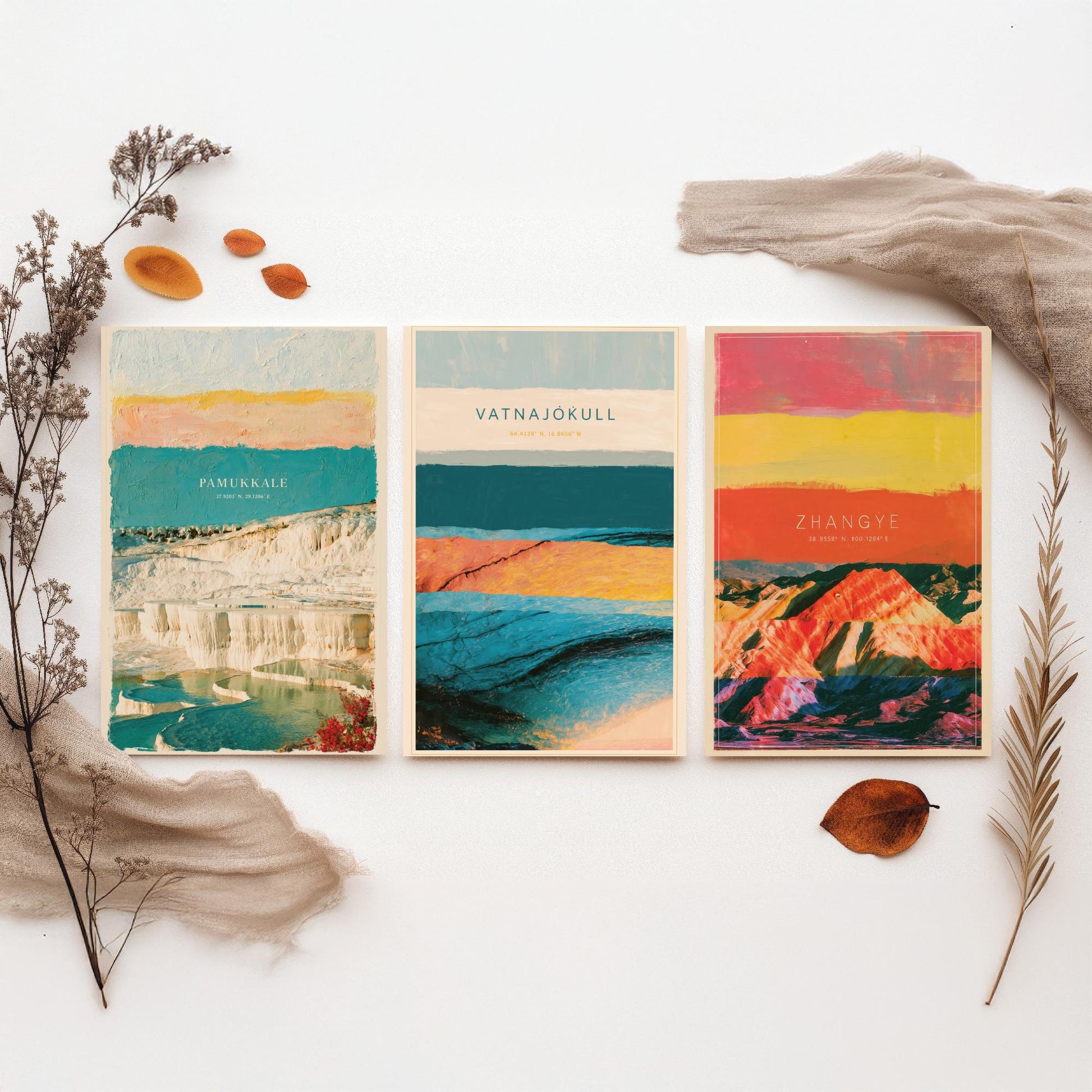 Strata Core Set of Three Art Prints - Pamukkale, Vatnajokull, Zhangye - Abstract Landscape Layer Posters - Painting Collage Style