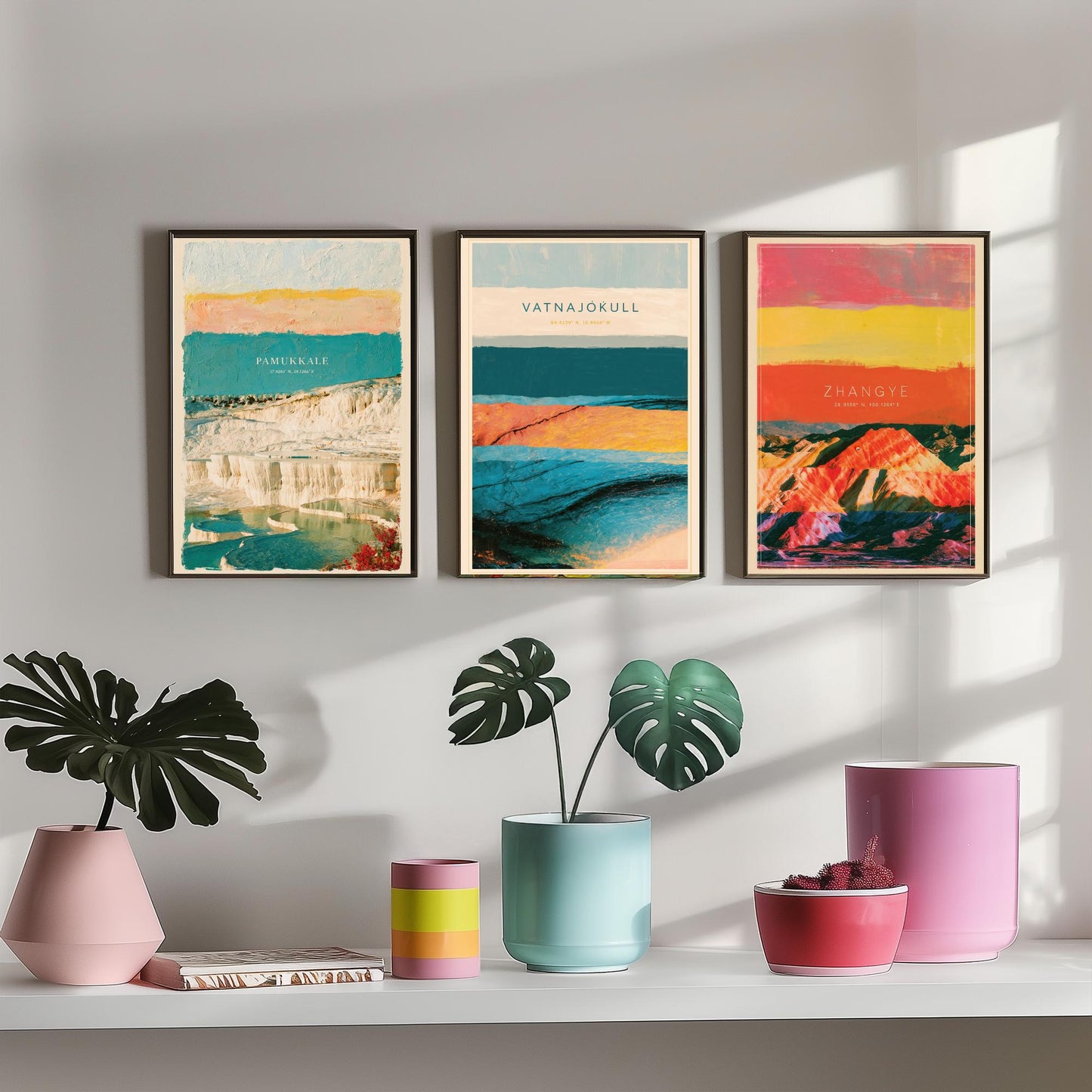 Strata Core Set of Three Art Prints - Pamukkale, Vatnajokull, Zhangye - Abstract Landscape Layer Posters - Painting Collage Style