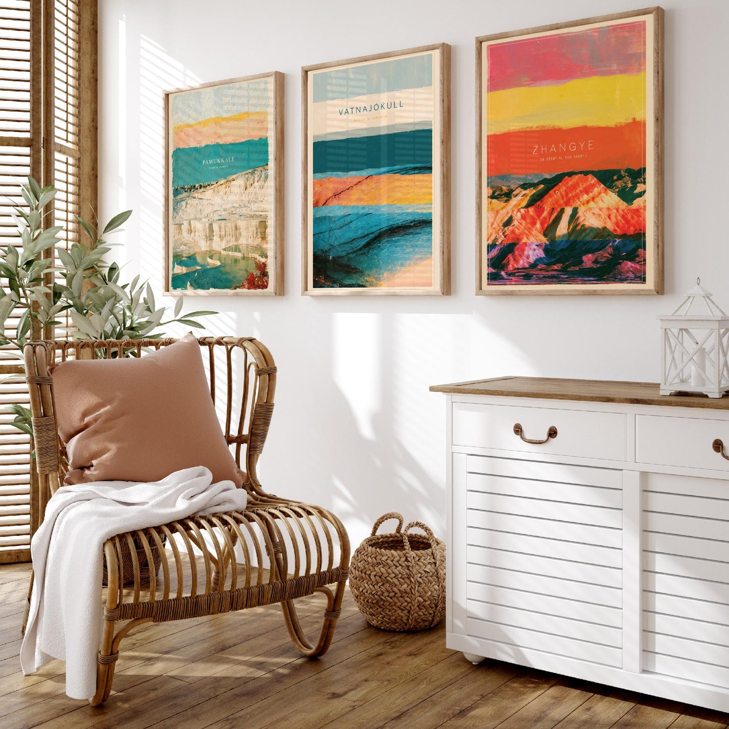 Strata Core Set of Three Art Prints - Pamukkale, Vatnajokull, Zhangye - Abstract Landscape Layer Posters - Painting Collage Style