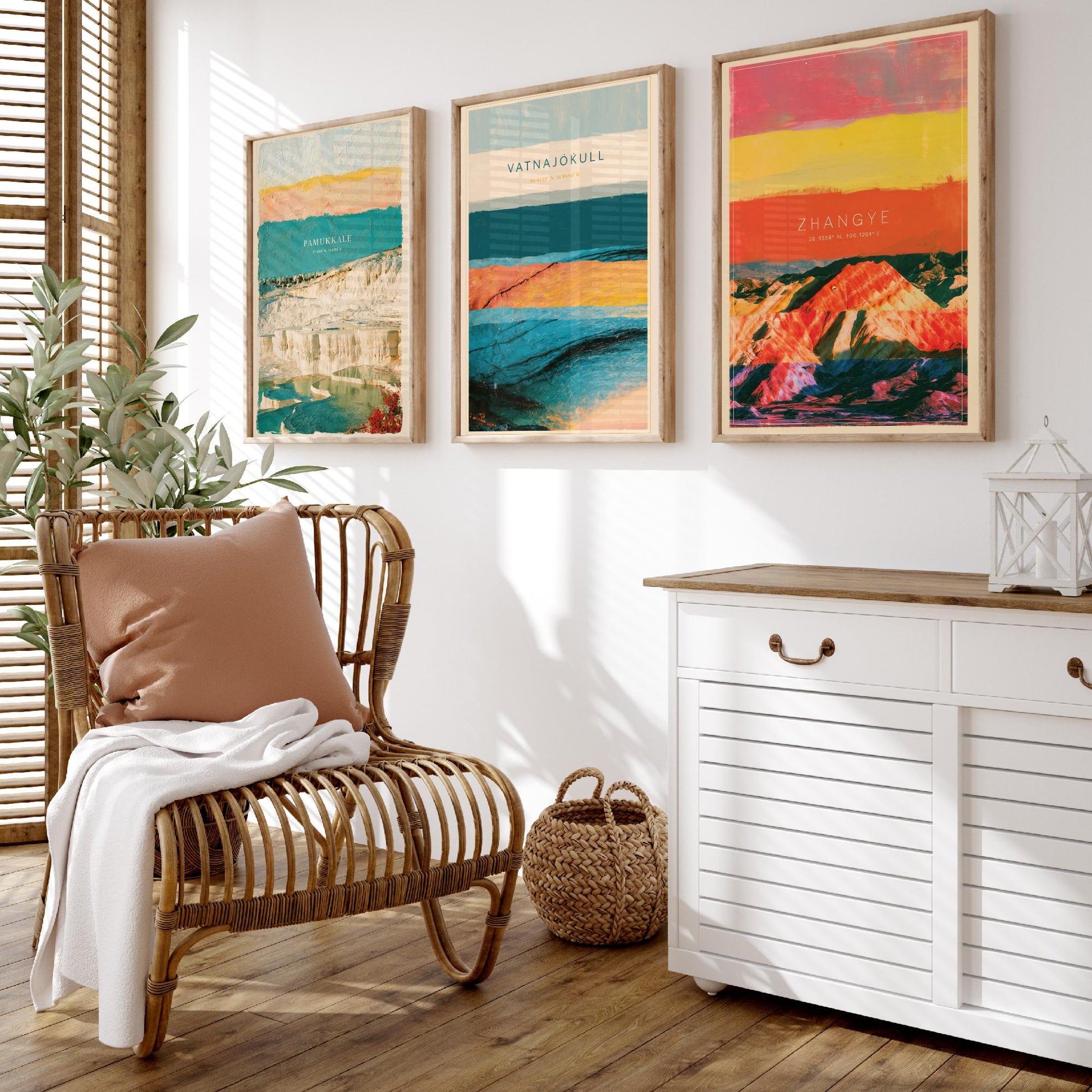 Strata Core Set of Three Art Prints - Pamukkale, Vatnajokull, Zhangye - Abstract Landscape Layer Posters - Painting Collage Style