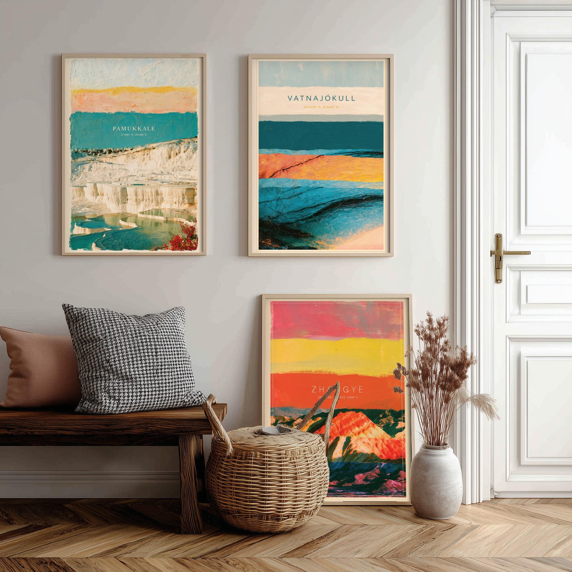 Strata Core Set of Three Art Prints - Pamukkale, Vatnajokull, Zhangye - Abstract Landscape Layer Posters - Painting Collage Style