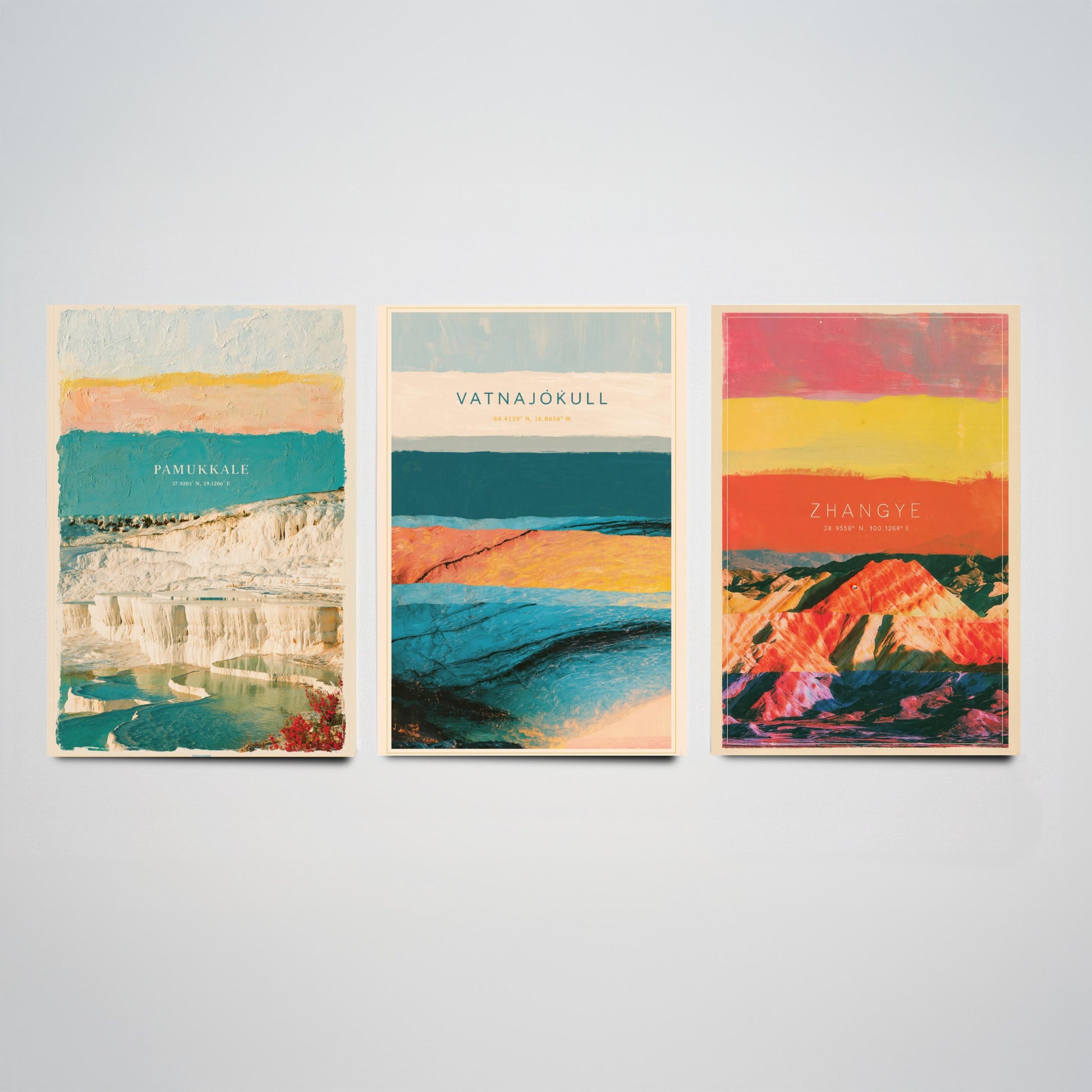 Strata Core Set of Three Art Prints - Pamukkale, Vatnajokull, Zhangye - Abstract Landscape Layer Posters - Painting Collage Style