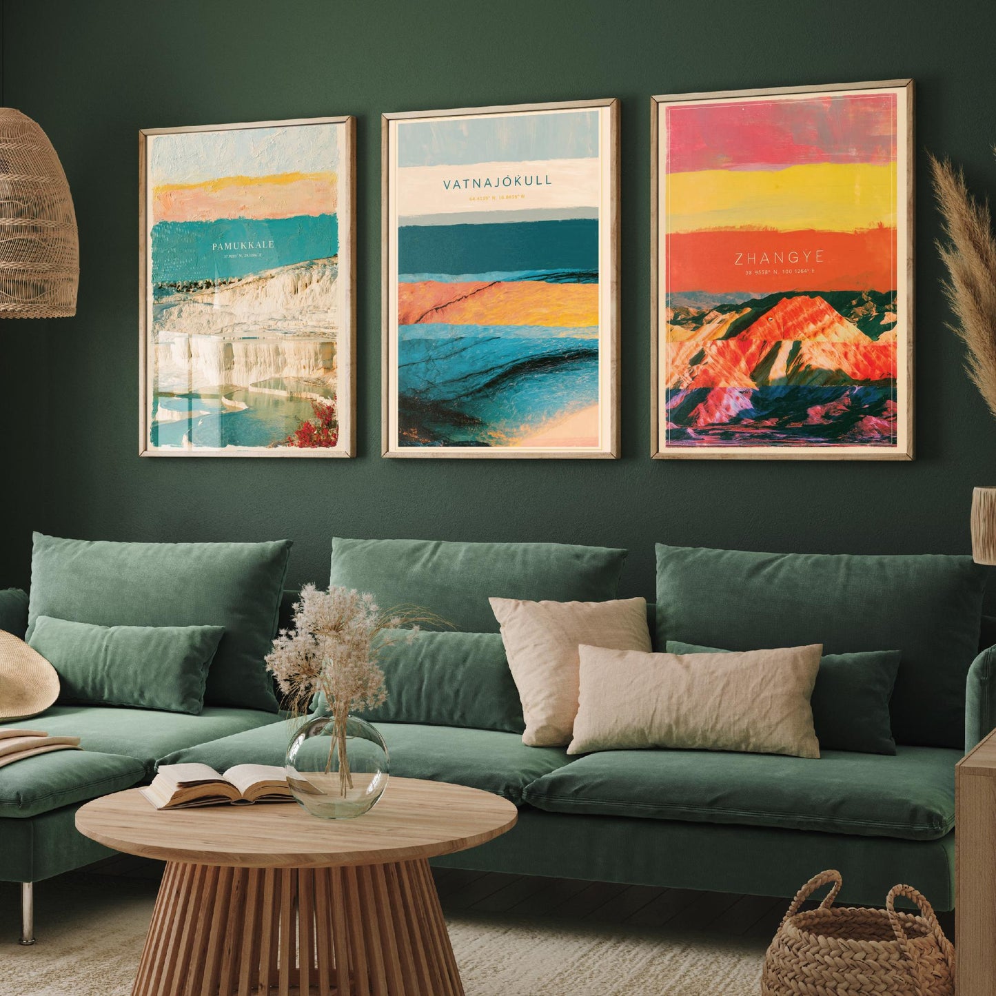 Strata Core Set of Three Art Prints - Pamukkale, Vatnajokull, Zhangye - Abstract Landscape Layer Posters - Painting Collage Style