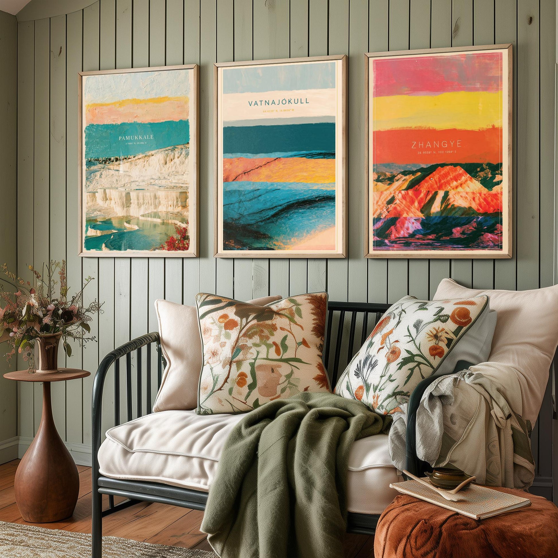 Strata Core Set of Three Art Prints - Pamukkale, Vatnajokull, Zhangye - Abstract Landscape Layer Posters - Painting Collage Style