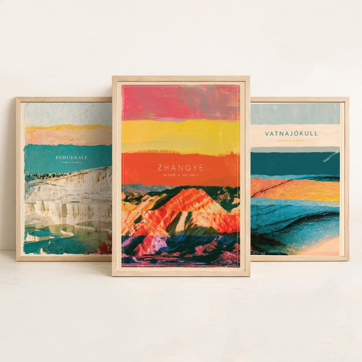 Strata Core Set of Three Art Prints - Pamukkale, Vatnajokull, Zhangye - Abstract Landscape Layer Posters - Painting Collage Style