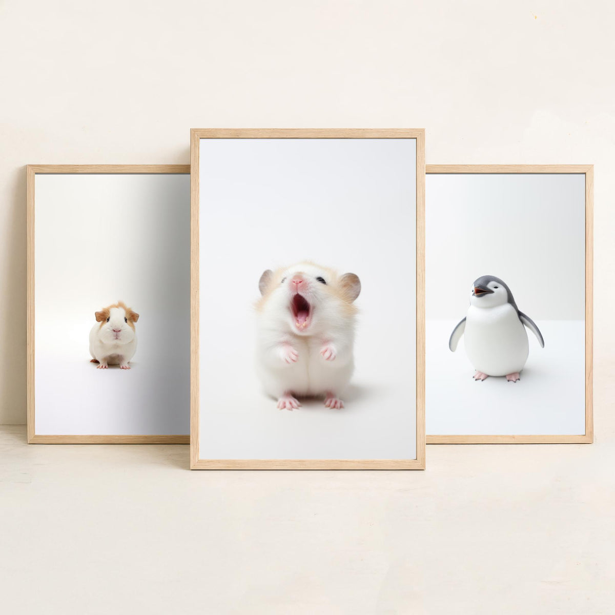 Tiny Animal Babies Set of Three Art Prints - Guinea Pig, Penguin Chick, Hamster - Minimalist Photo Poster