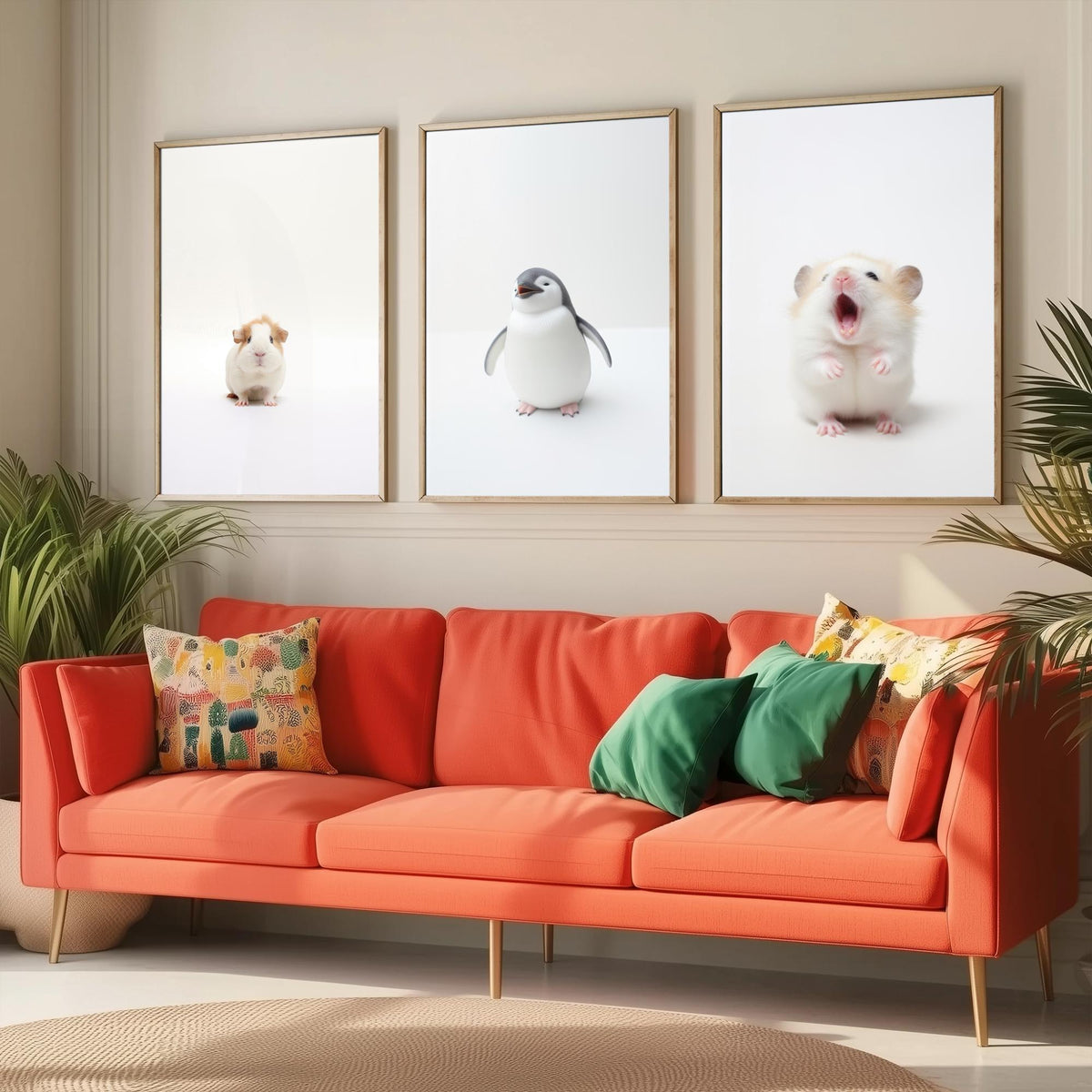 Tiny Animal Babies Set of Three Art Prints - Guinea Pig, Penguin Chick, Hamster - Minimalist Photo Poster