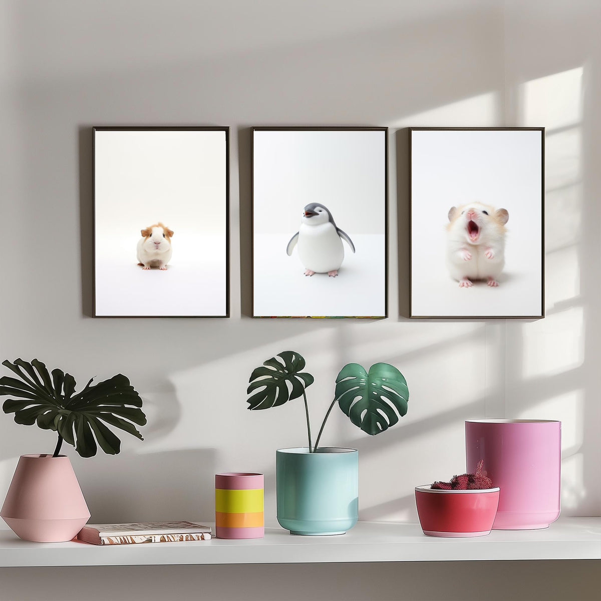 Tiny Animal Babies Set of Three Art Prints - Guinea Pig, Penguin Chick, Hamster - Minimalist Photo Poster