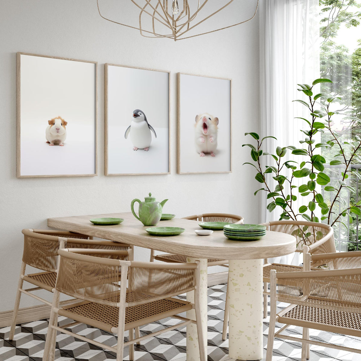 Tiny Animal Babies Set of Three Art Prints - Guinea Pig, Penguin Chick, Hamster - Minimalist Photo Poster