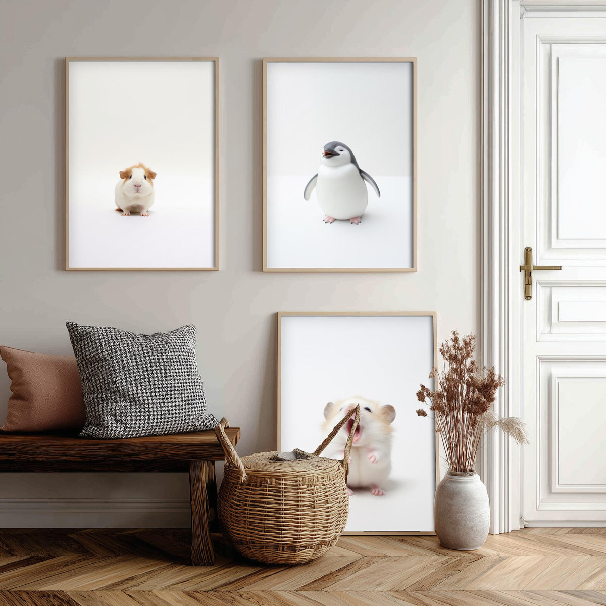 Tiny Animal Babies Set of Three Art Prints - Guinea Pig, Penguin Chick, Hamster - Minimalist Photo Poster