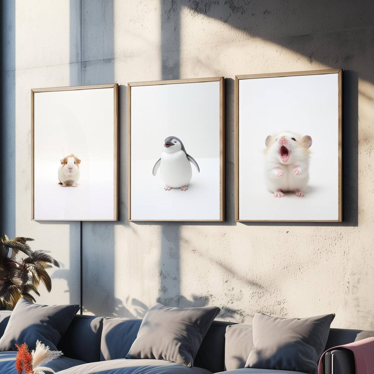 Tiny Animal Babies Set of Three Art Prints - Guinea Pig, Penguin Chick, Hamster - Minimalist Photo Poster