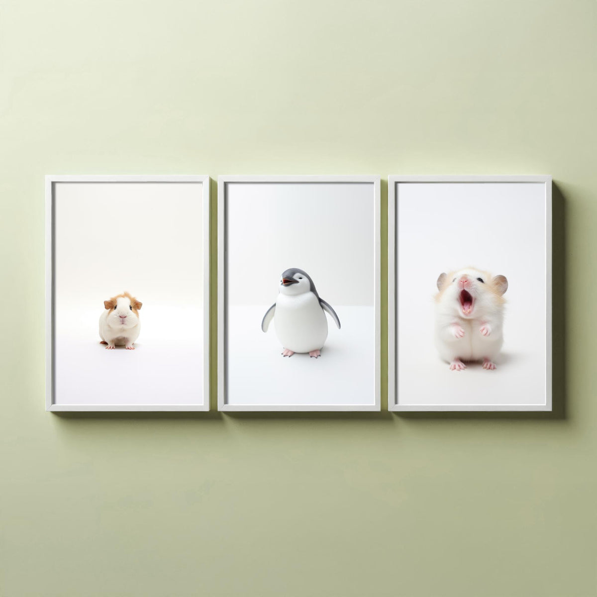 Tiny Animal Babies Set of Three Art Prints - Guinea Pig, Penguin Chick, Hamster - Minimalist Photo Poster