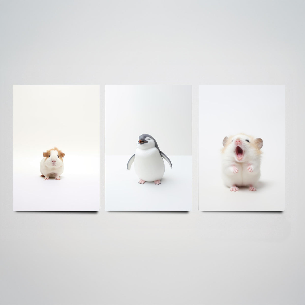 Tiny Animal Babies Set of Three Art Prints - Guinea Pig, Penguin Chick, Hamster - Minimalist Photo Poster