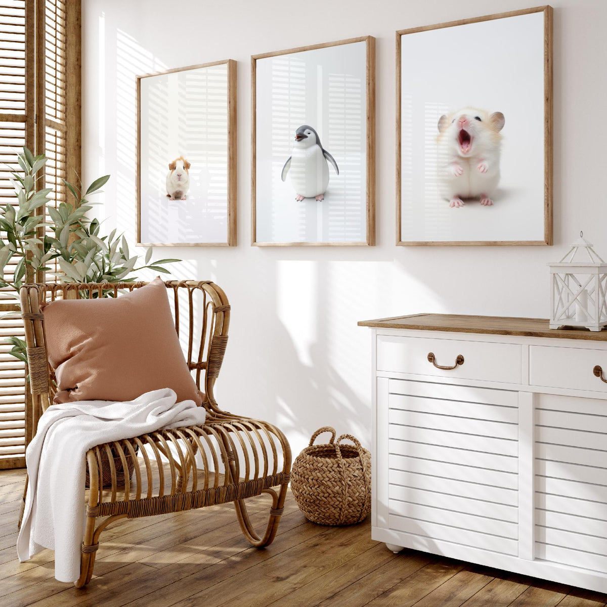 Tiny Animal Babies Set of Three Art Prints - Guinea Pig, Penguin Chick, Hamster - Minimalist Photo Poster