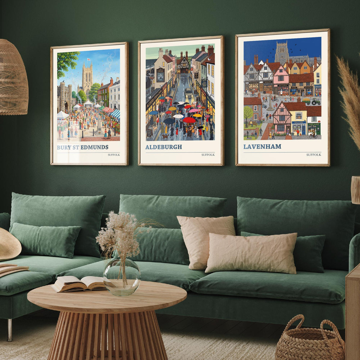 Suffolk Set of Three Art Prints - Bury St Edmunds, Aldeburgh, Lavenham - 3 Colourful Folk Illustration Travel Posters - Suffolk Painting