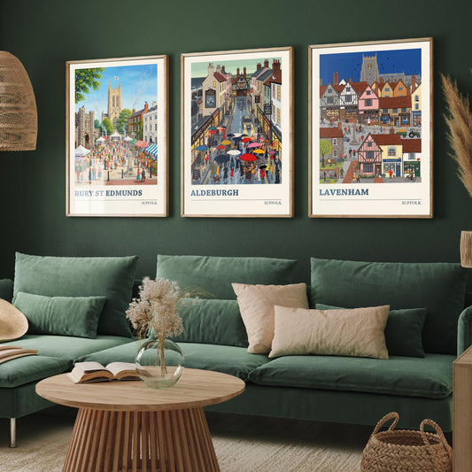Suffolk Set of Three Art Prints - Bury St Edmunds, Aldeburgh, Lavenham - 3 Colourful Folk Illustration Travel Posters - Suffolk Painting