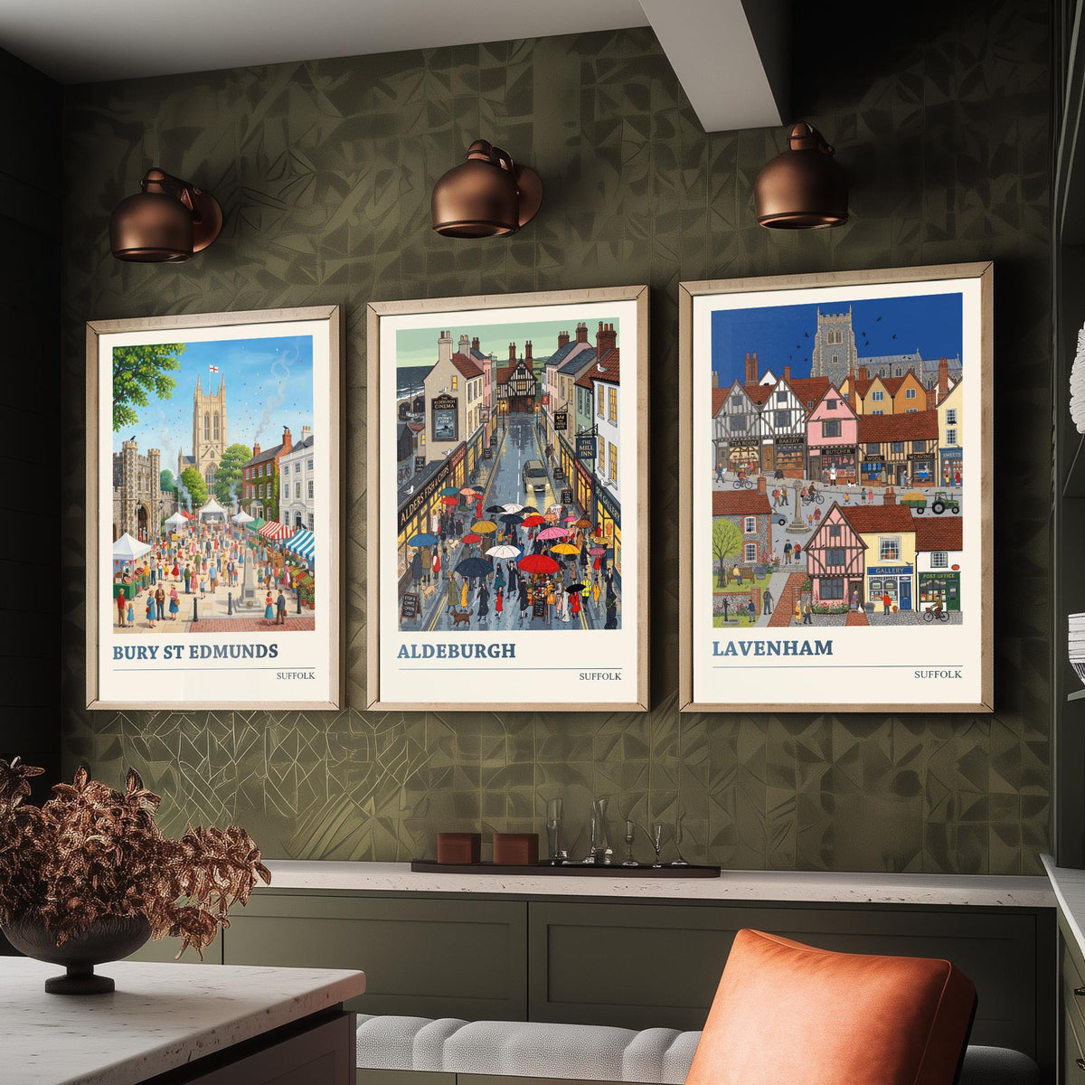 Suffolk Set of Three Art Prints - Bury St Edmunds, Aldeburgh, Lavenham - 3 Colourful Folk Illustration Travel Posters - Suffolk Painting