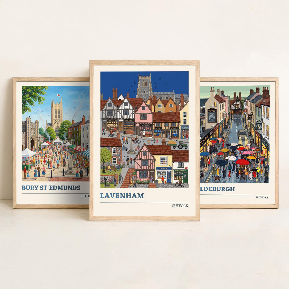 Suffolk Set of Three Art Prints - Bury St Edmunds, Aldeburgh, Lavenham - 3 Colourful Folk Illustration Travel Posters - Suffolk Painting