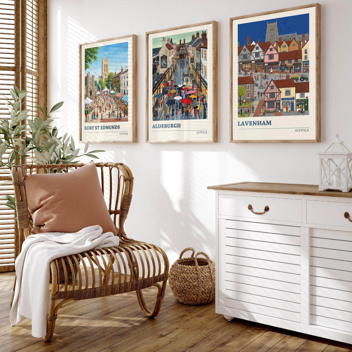Suffolk Set of Three Art Prints - Bury St Edmunds, Aldeburgh, Lavenham - 3 Colourful Folk Illustration Travel Posters - Suffolk Painting