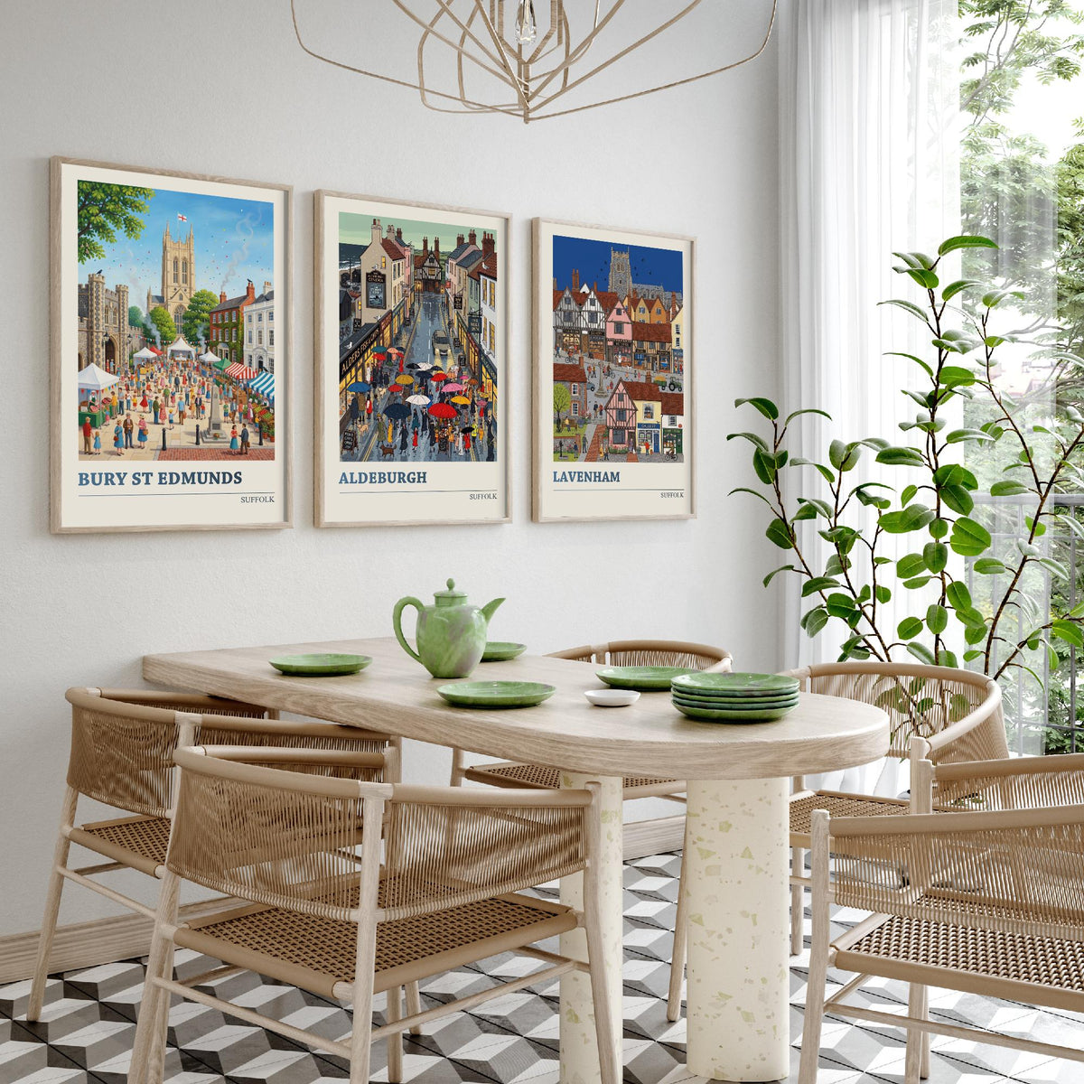 Suffolk Set of Three Art Prints - Bury St Edmunds, Aldeburgh, Lavenham - 3 Colourful Folk Illustration Travel Posters - Suffolk Painting
