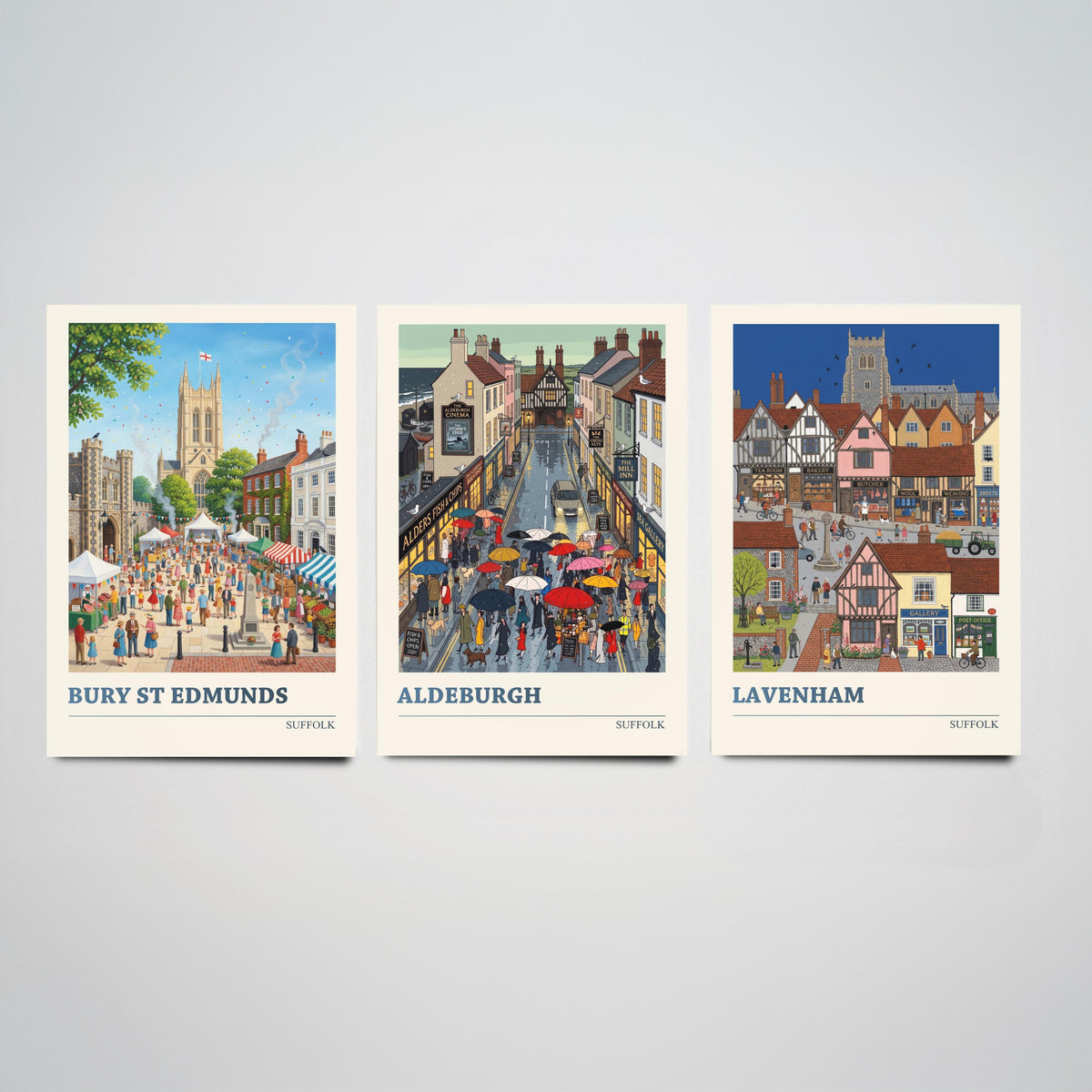 Suffolk Set of Three Art Prints - Bury St Edmunds, Aldeburgh, Lavenham - 3 Colourful Folk Illustration Travel Posters - Suffolk Painting