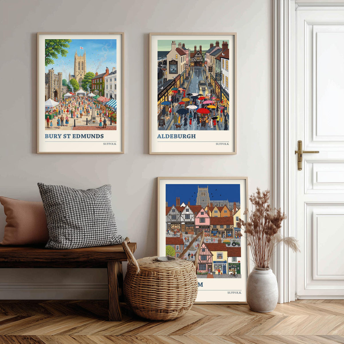 Suffolk Set of Three Art Prints - Bury St Edmunds, Aldeburgh, Lavenham - 3 Colourful Folk Illustration Travel Posters - Suffolk Painting