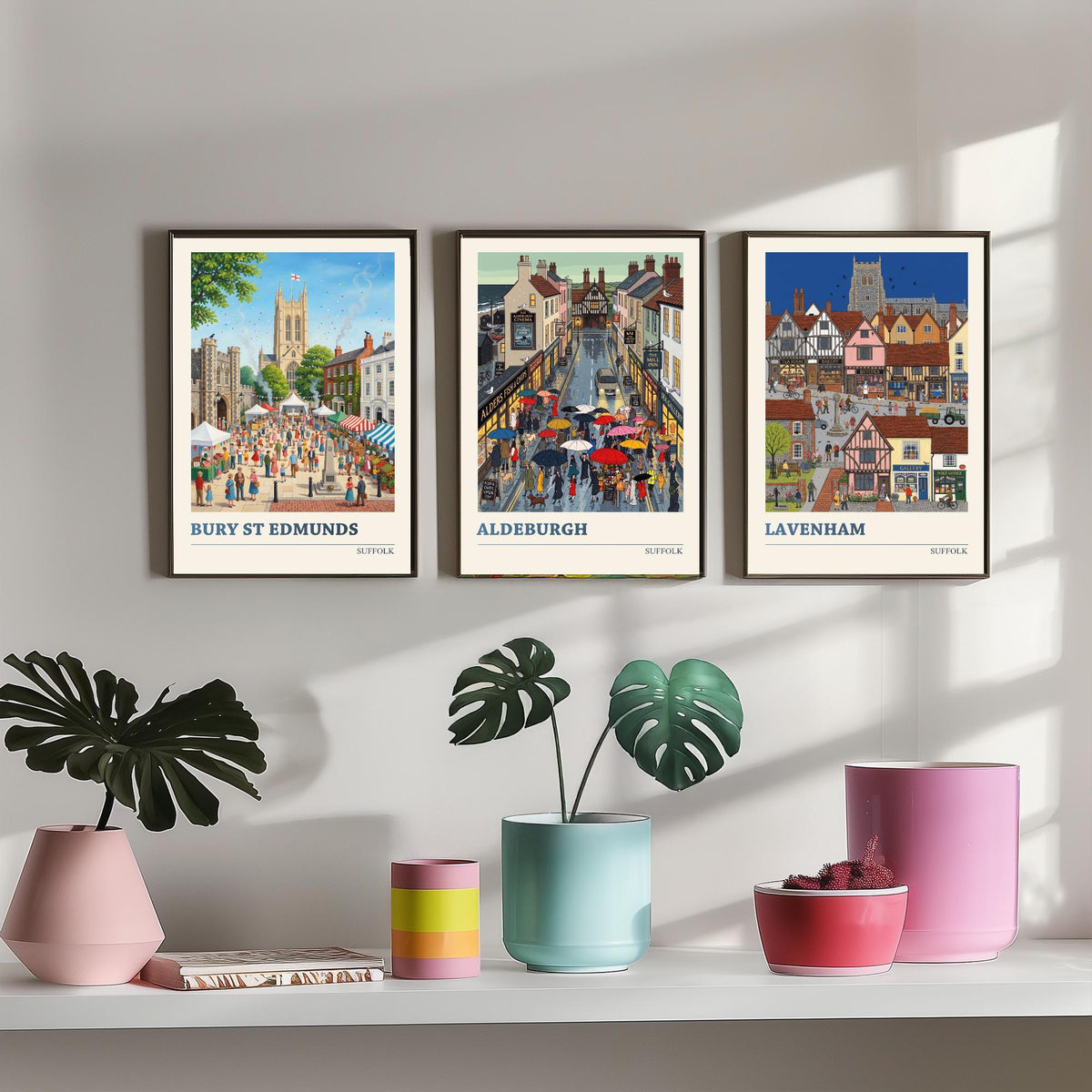 Suffolk Set of Three Art Prints - Bury St Edmunds, Aldeburgh, Lavenham - 3 Colourful Folk Illustration Travel Posters - Suffolk Painting