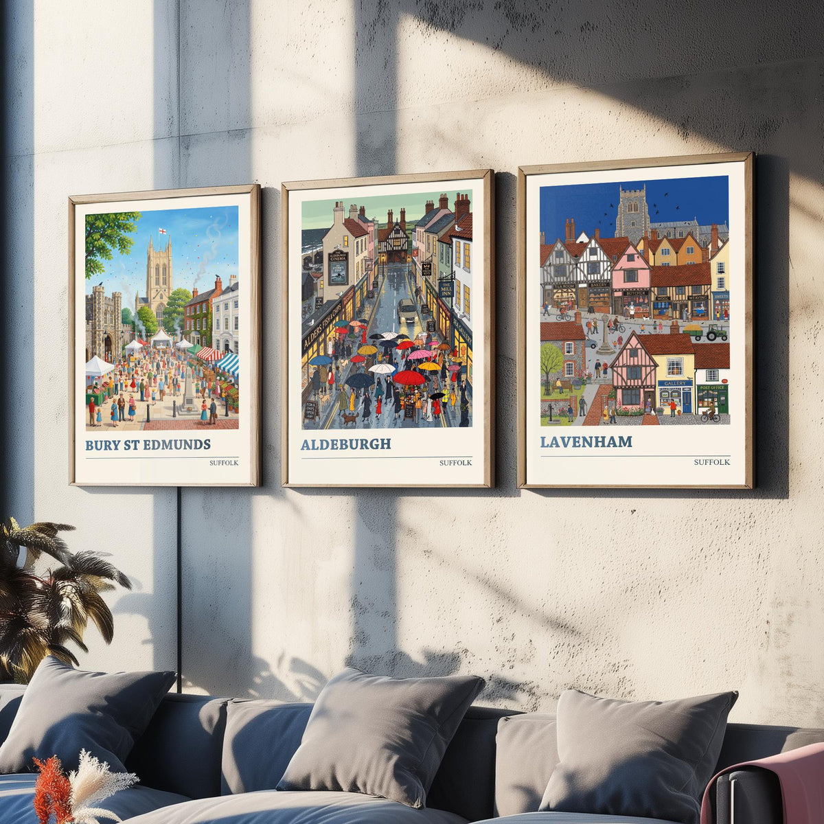 Suffolk Set of Three Art Prints - Bury St Edmunds, Aldeburgh, Lavenham - 3 Colourful Folk Illustration Travel Posters - Suffolk Painting