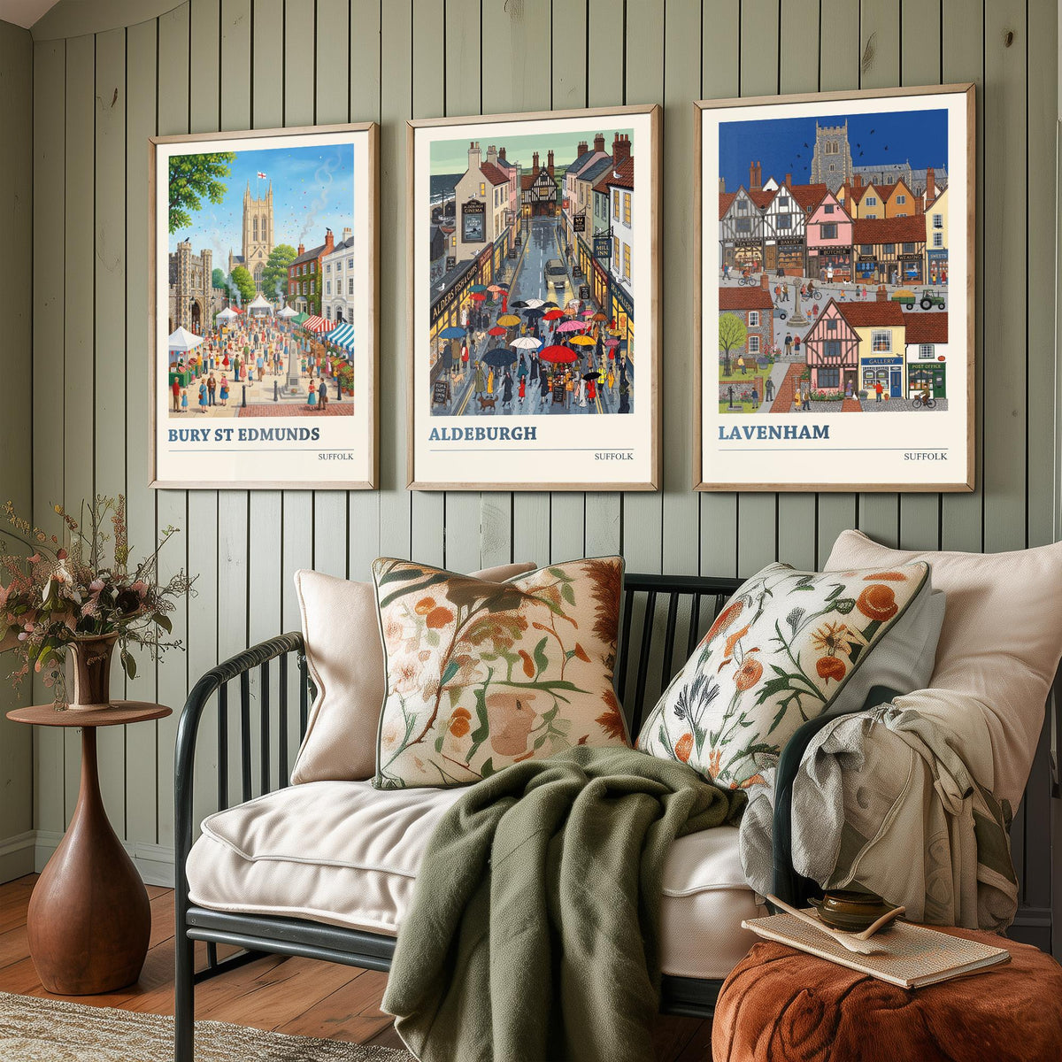 Suffolk Set of Three Art Prints - Bury St Edmunds, Aldeburgh, Lavenham - 3 Colourful Folk Illustration Travel Posters - Suffolk Painting