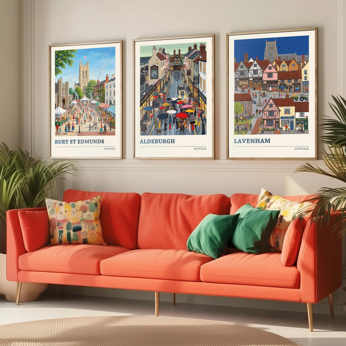 Suffolk Set of Three Art Prints - Bury St Edmunds, Aldeburgh, Lavenham - 3 Colourful Folk Illustration Travel Posters - Suffolk Painting