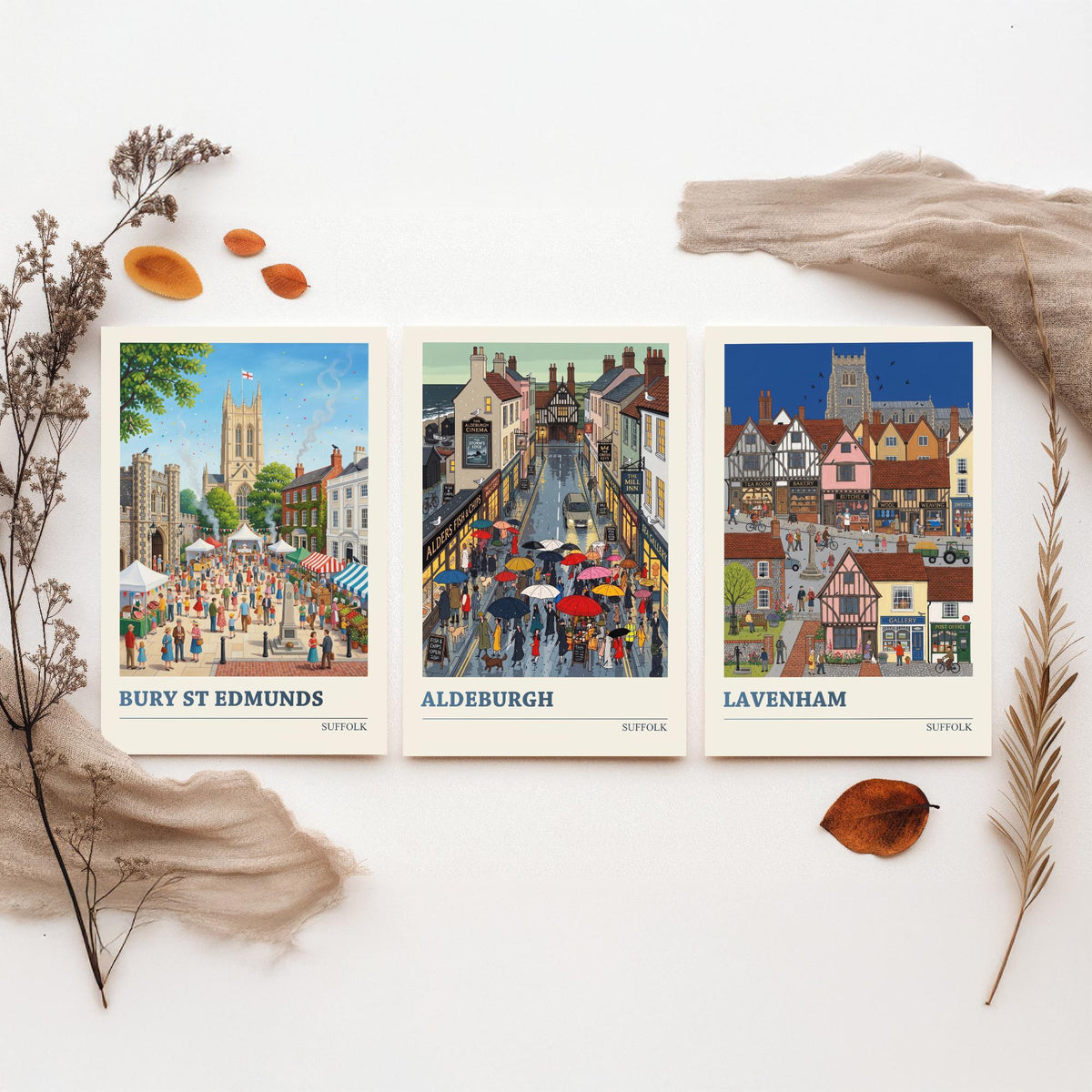 Suffolk Set of Three Art Prints - Bury St Edmunds, Aldeburgh, Lavenham - 3 Colourful Folk Illustration Travel Posters - Suffolk Painting