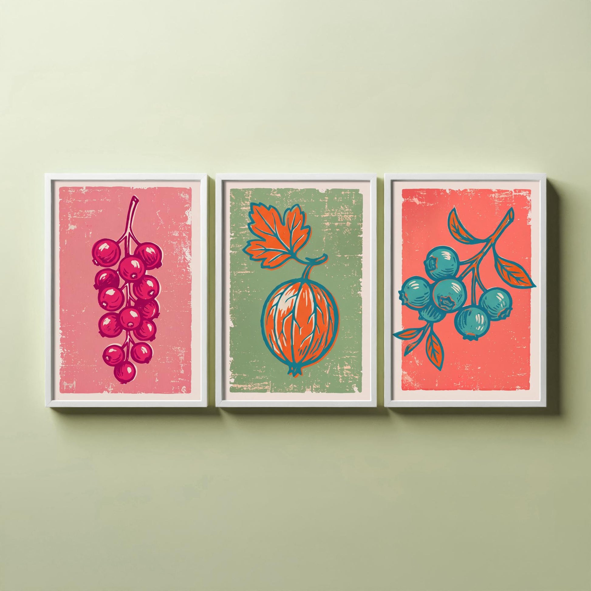 Redcurrants, Gooseberry and Blueberries - Set of Three Summer Berries Art Prints - Linocut Illustrations - Fruit Kitchen Posters V2
