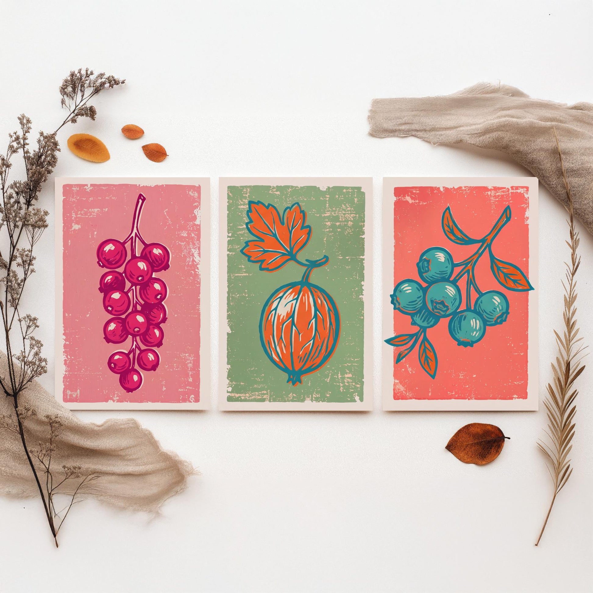 Redcurrants, Gooseberry and Blueberries - Set of Three Summer Berries Art Prints - Linocut Illustrations - Fruit Kitchen Posters V2