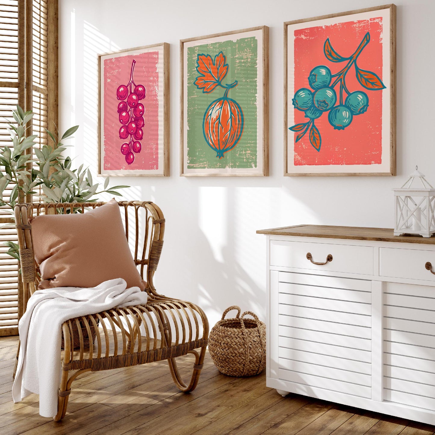 Redcurrants, Gooseberry and Blueberries - Set of Three Summer Berries Art Prints - Linocut Illustrations - Fruit Kitchen Posters V2