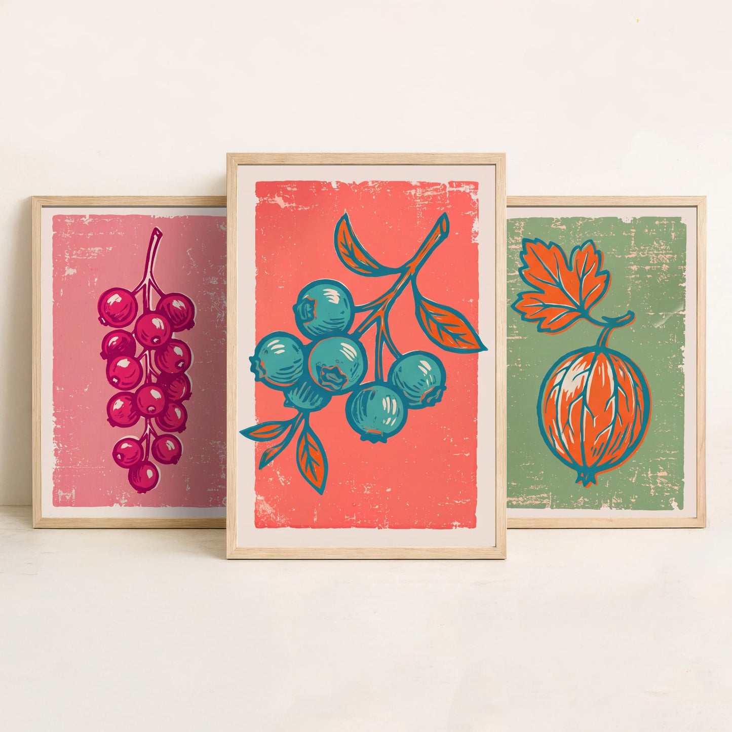 Redcurrants, Gooseberry and Blueberries - Set of Three Summer Berries Art Prints - Linocut Illustrations - Fruit Kitchen Posters V2