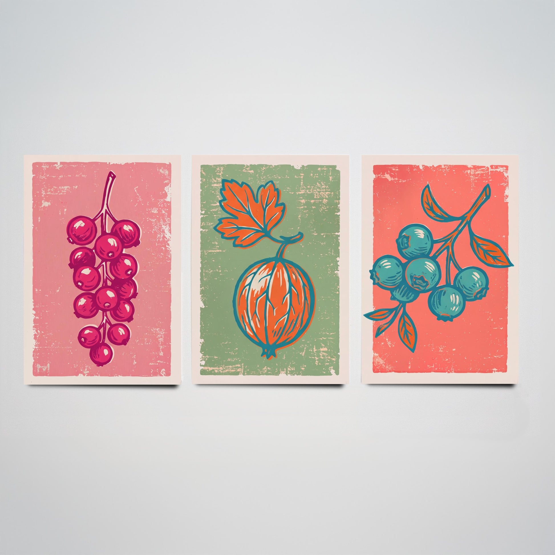 Redcurrants, Gooseberry and Blueberries - Set of Three Summer Berries Art Prints - Linocut Illustrations - Fruit Kitchen Posters V2