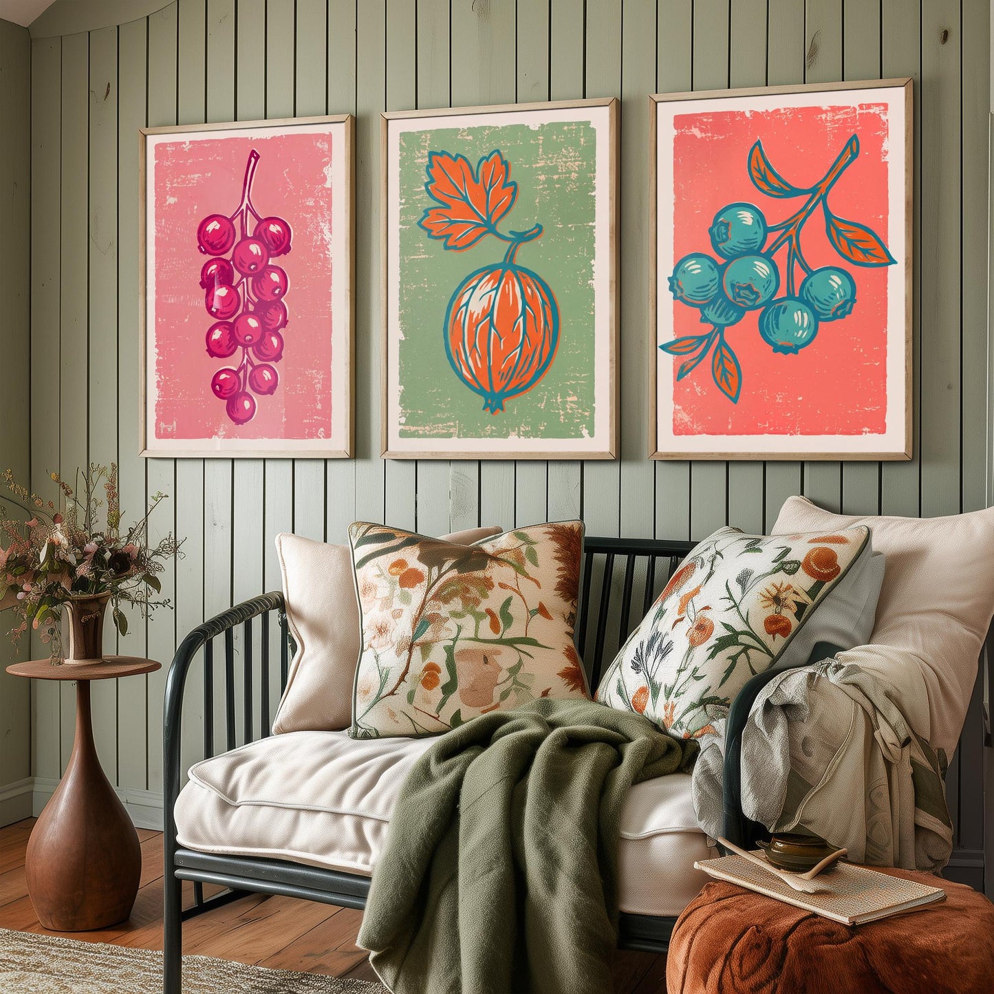Redcurrants, Gooseberry and Blueberries - Set of Three Summer Berries Art Prints - Linocut Illustrations - Fruit Kitchen Posters V2