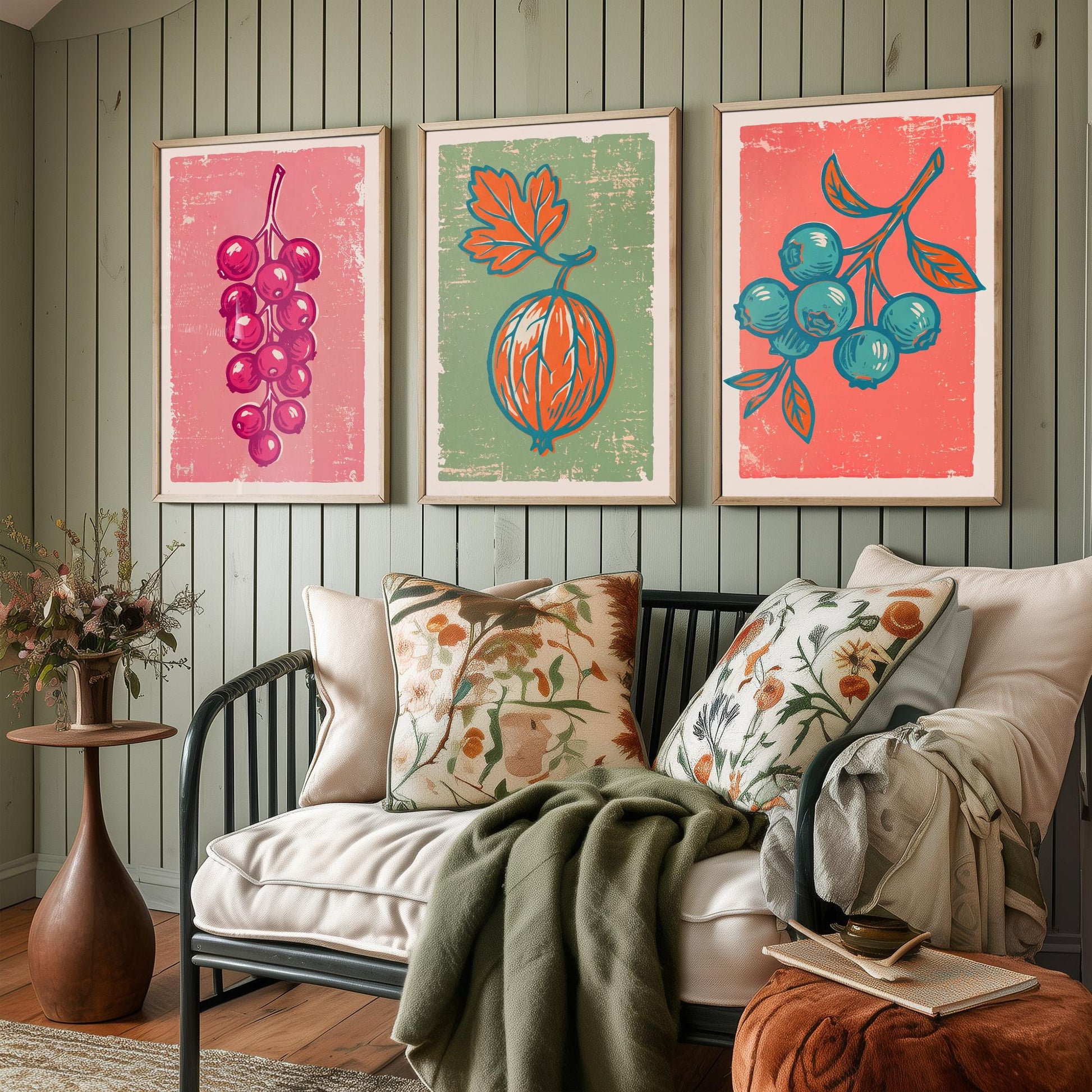 Redcurrants, Gooseberry and Blueberries - Set of Three Summer Berries Art Prints - Linocut Illustrations - Fruit Kitchen Posters V2
