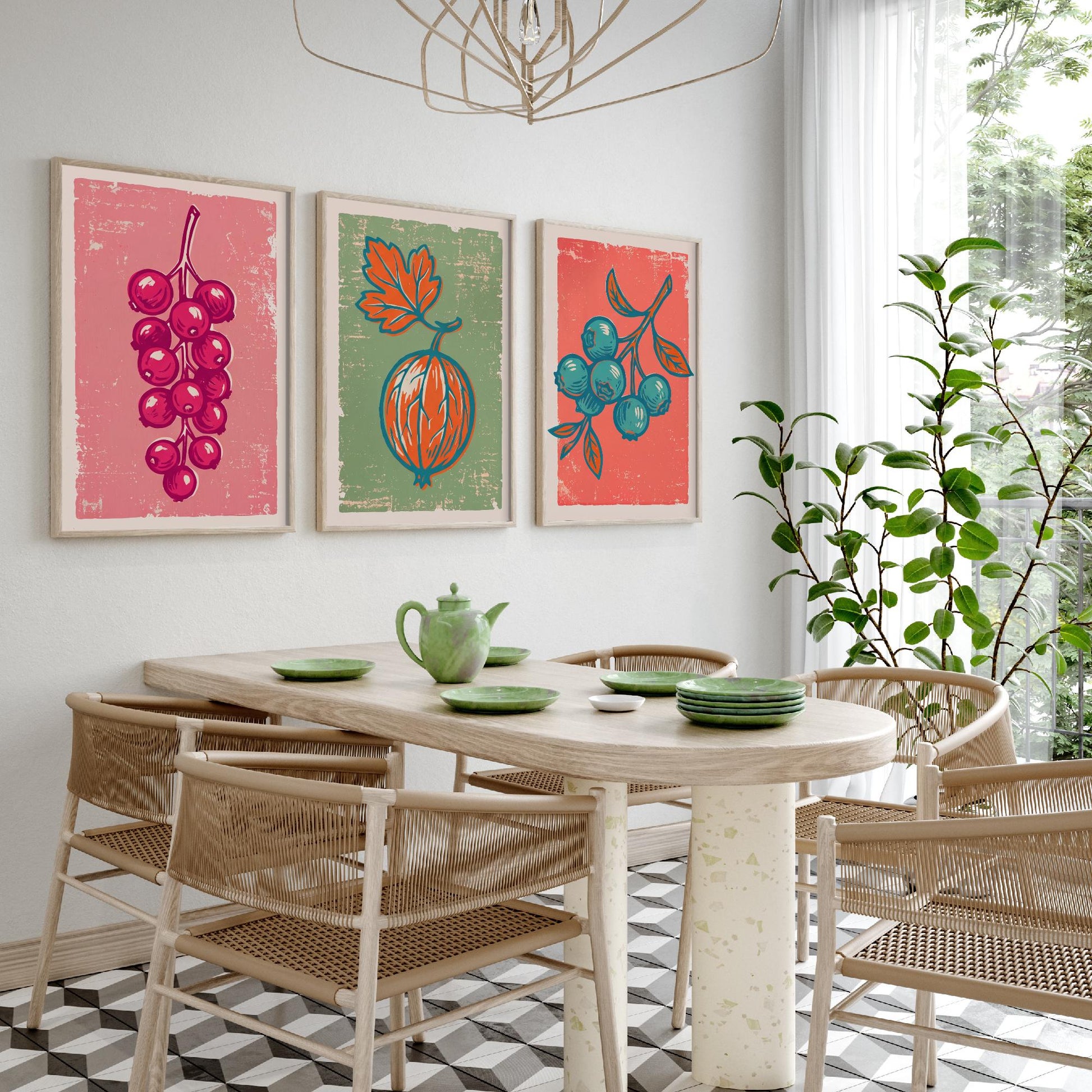 Redcurrants, Gooseberry and Blueberries - Set of Three Summer Berries Art Prints - Linocut Illustrations - Fruit Kitchen Posters V2