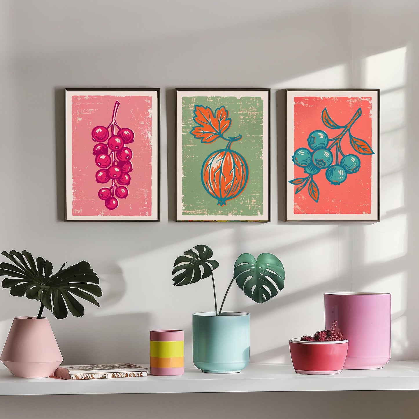Redcurrants, Gooseberry and Blueberries - Set of Three Summer Berries Art Prints - Linocut Illustrations - Fruit Kitchen Posters V2