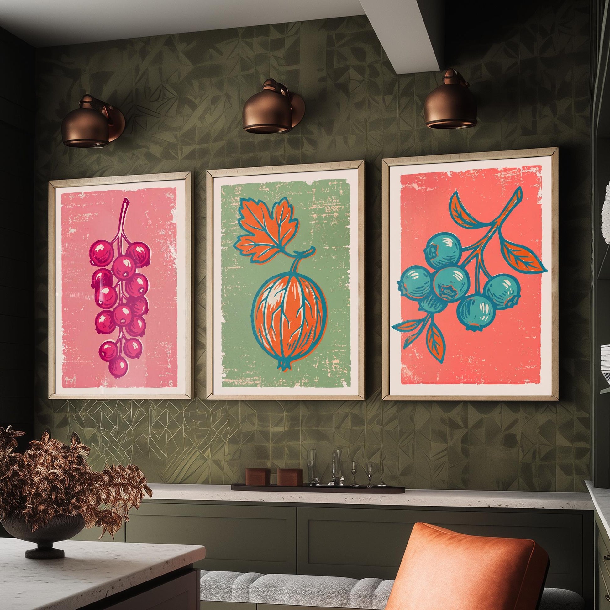 Redcurrants, Gooseberry and Blueberries - Set of Three Summer Berries Art Prints - Linocut Illustrations - Fruit Kitchen Posters V2