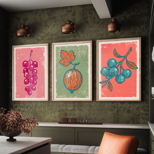 Redcurrants, Gooseberry and Blueberries - Set of Three Summer Berries Art Prints - Linocut Illustrations - Fruit Kitchen Posters V2