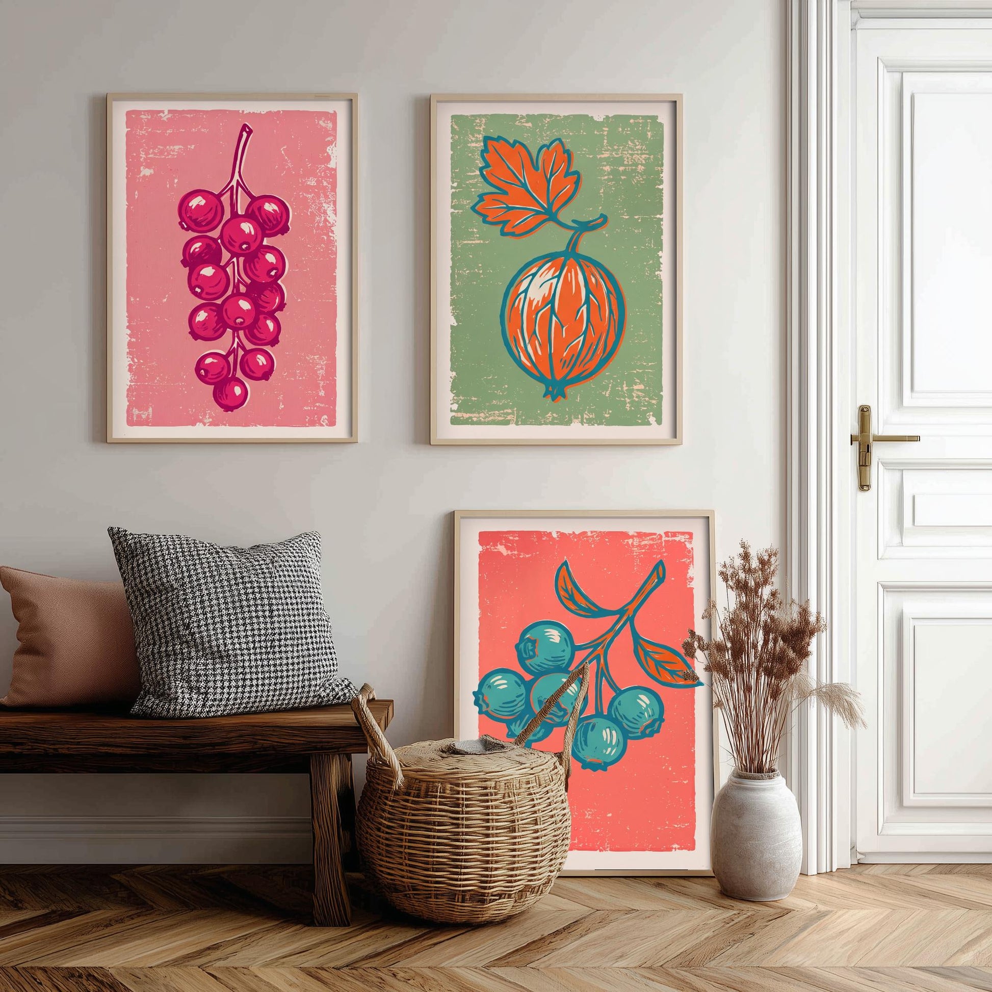 Redcurrants, Gooseberry and Blueberries - Set of Three Summer Berries Art Prints - Linocut Illustrations - Fruit Kitchen Posters V2