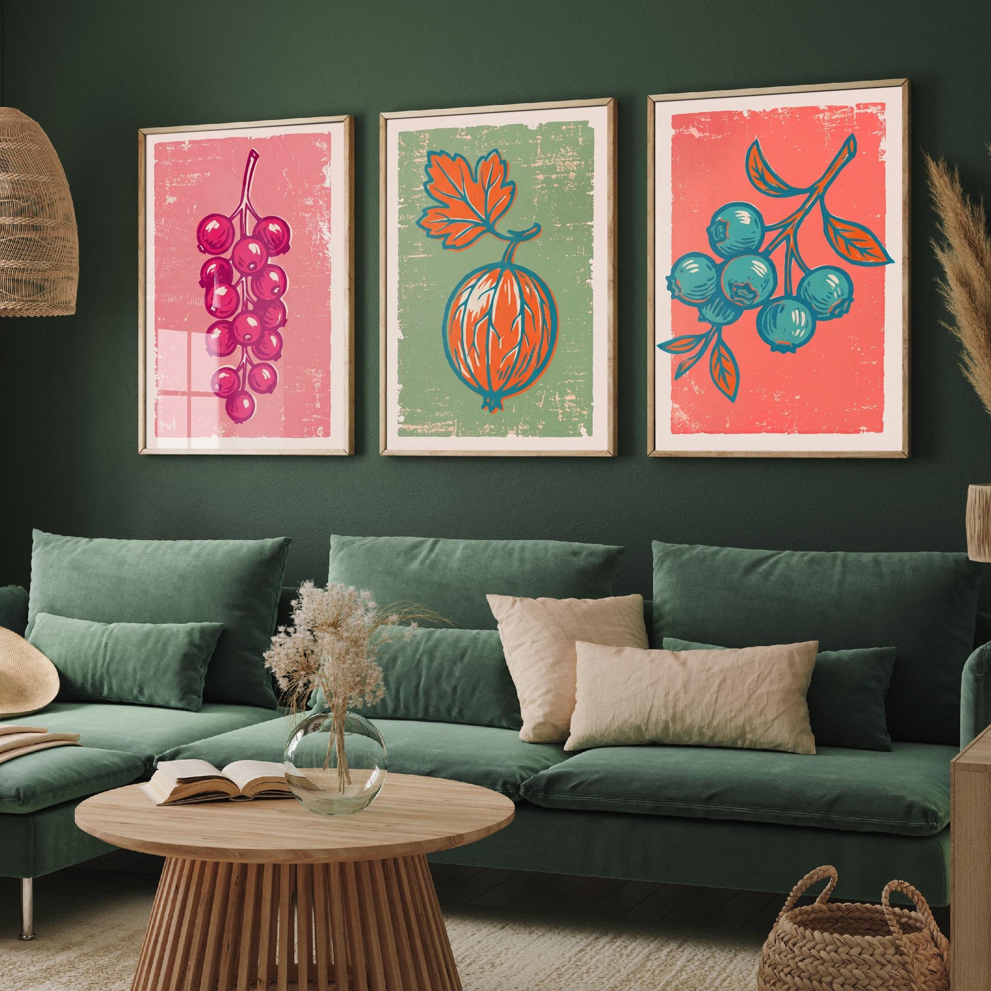Redcurrants, Gooseberry and Blueberries - Set of Three Summer Berries Art Prints - Linocut Illustrations - Fruit Kitchen Posters V2