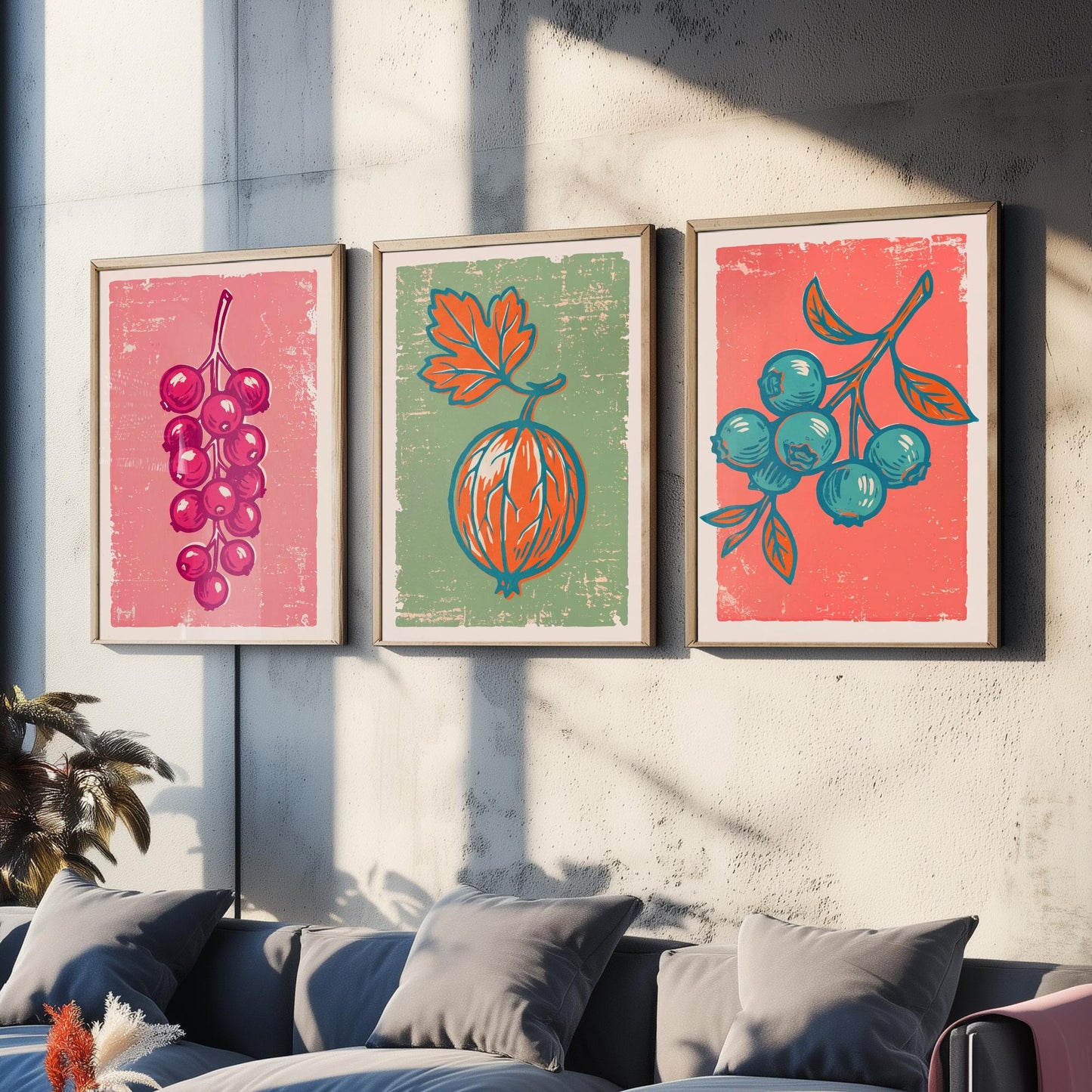 Redcurrants, Gooseberry and Blueberries - Set of Three Summer Berries Art Prints - Linocut Illustrations - Fruit Kitchen Posters V2