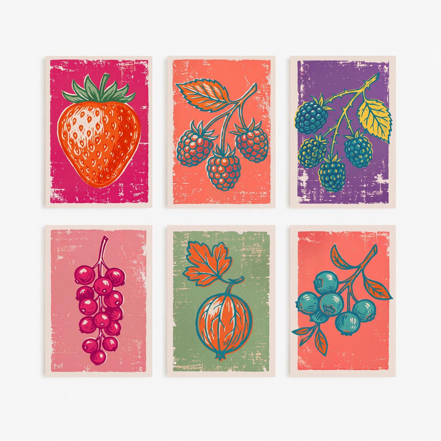 Set of Six Summer Berries Art Prints - 6 Linocut Fruit Illustrations - Strawberry, Raspberry, Blackberry, Redcurrant, Blueberry Posters